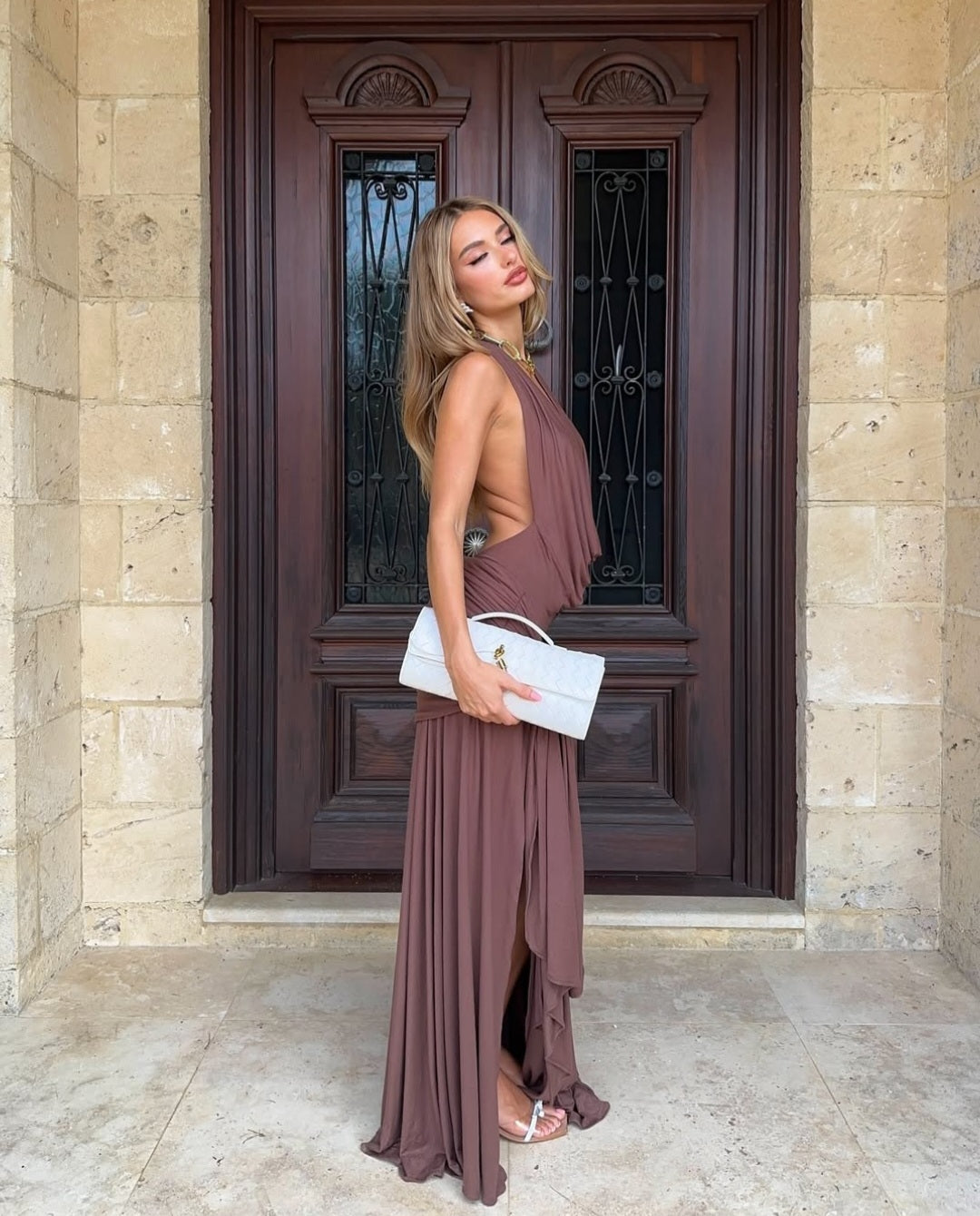 Hire CHERIE ATTIRE Evelyn Halter Maxi Dress in Brown