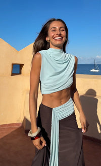 Hire BEC+BRIDGE Conni Asym Midi Dress in Arctic Blue/ Dark Chocolate Brown