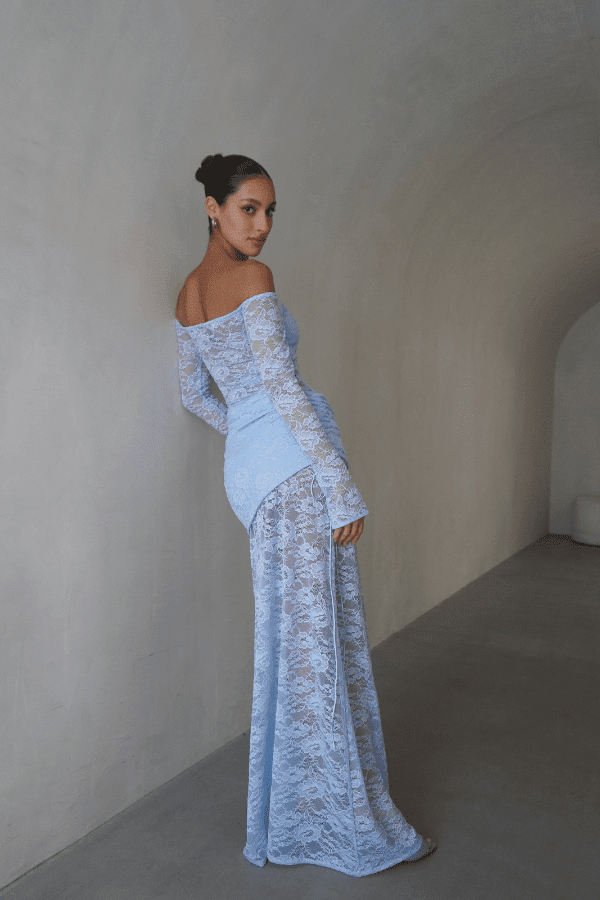 Hire DECONDUARTE Christiana Lace Maxi Dress in Powder Blue