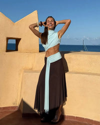 Hire BEC+BRIDGE Conni Asym Midi Dress in Arctic Blue/ Dark Chocolate Brown