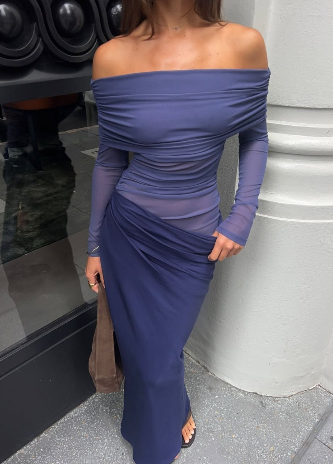 Hire BENNI Yasmin Off Shoulder Maxi Dress in Navy Blue