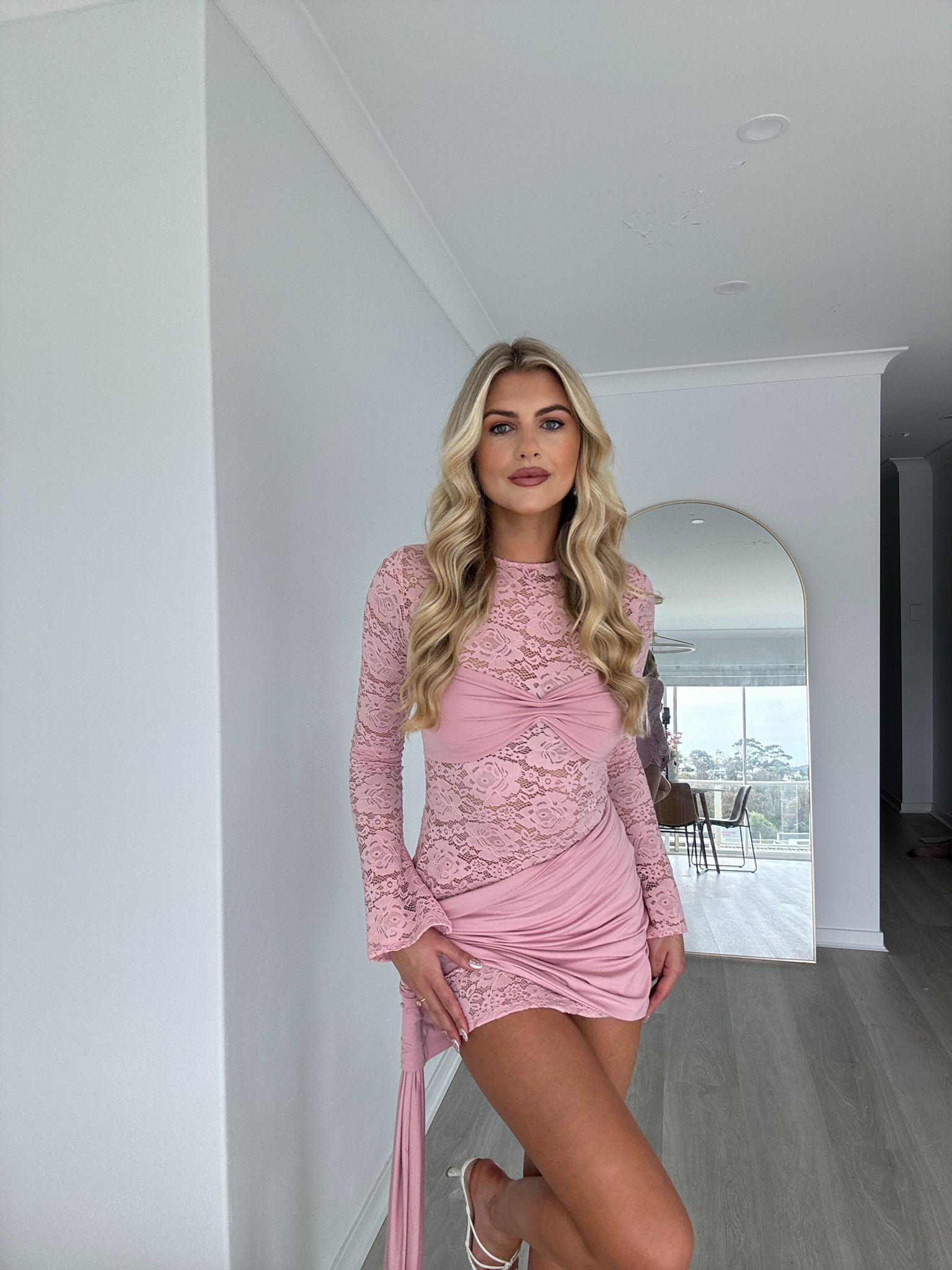 Hire DECONDUARTE Ortigia Lace Mini Dress in Dusty Pink