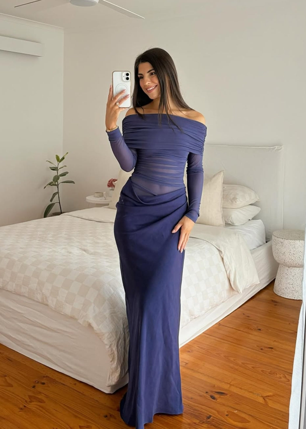 Hire BENNI Yasmin Off Shoulder Maxi Dress in Navy Blue