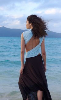 Hire BEC+BRIDGE Conni Asym Midi Dress in Arctic Blue/ Dark Chocolate Brown