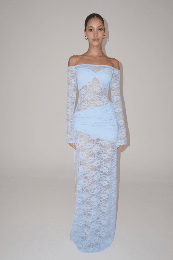 Hire DECONDUARTE Christiana Lace Maxi Dress in Powder Blue