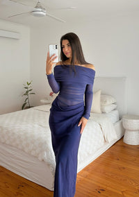 Hire BENNI Yasmin Off Shoulder Maxi Dress in Navy Blue