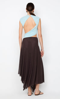 Hire BEC+BRIDGE Conni Asym Midi Dress in Arctic Blue/ Dark Chocolate Brown