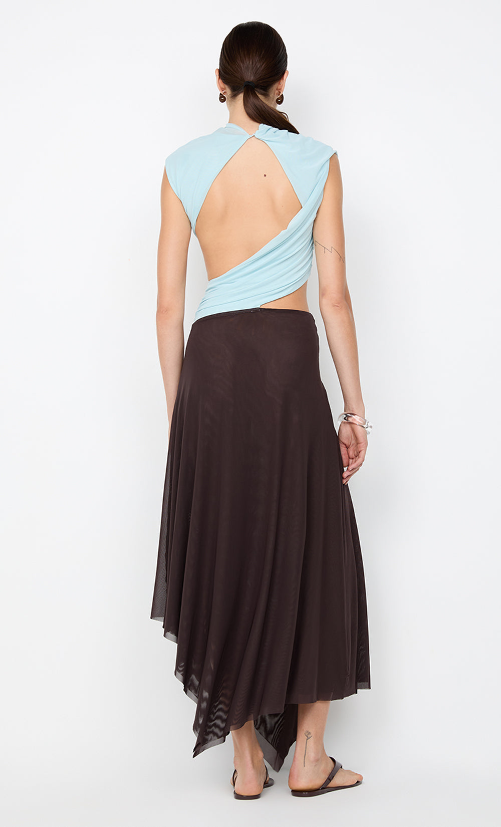 Hire BEC+BRIDGE Conni Asym Midi Dress in Arctic Blue/ Dark Chocolate Brown