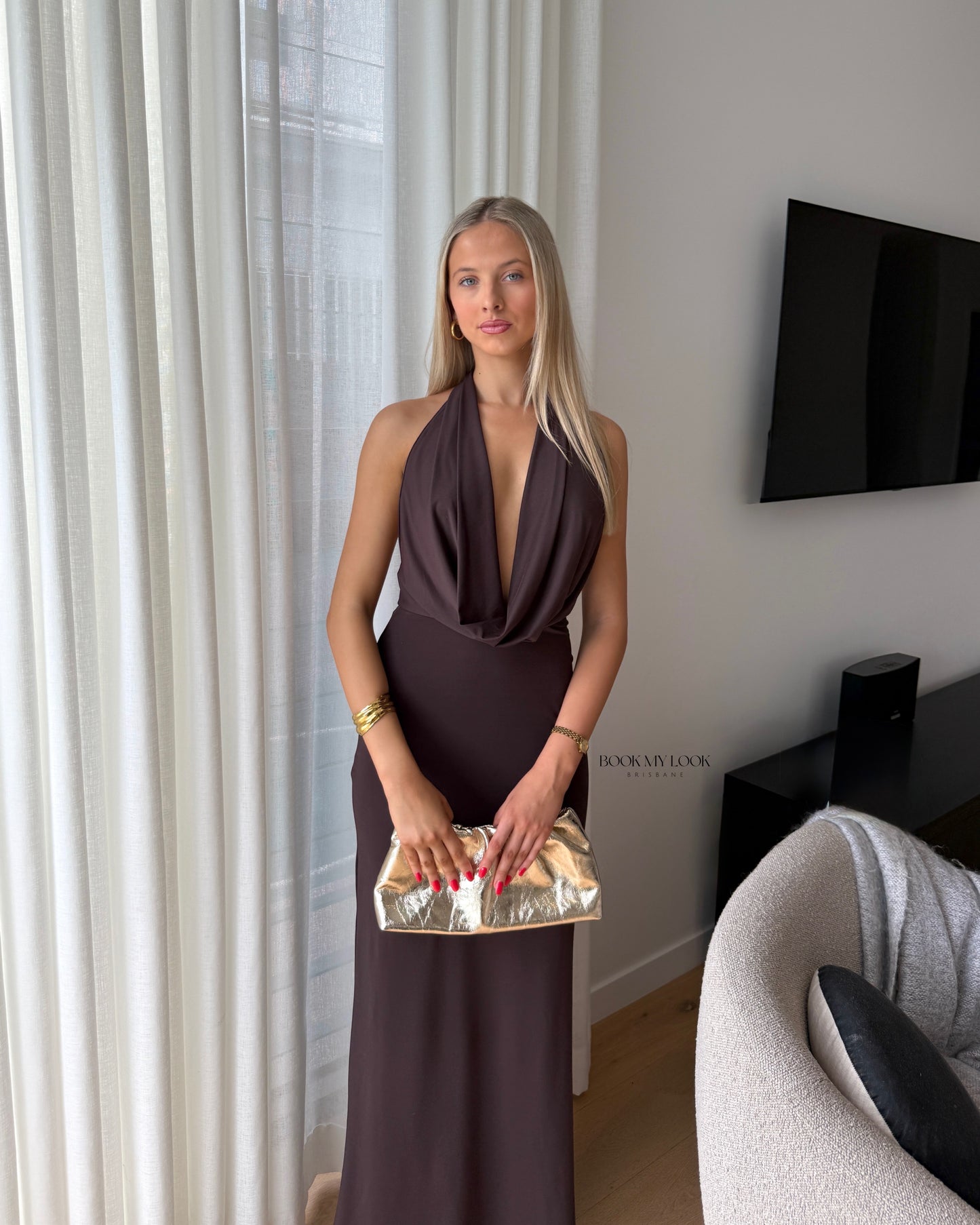 Hire BEC+BRIDGE Nessie Cowl Neck Maxi Dress in Dark Chocolate