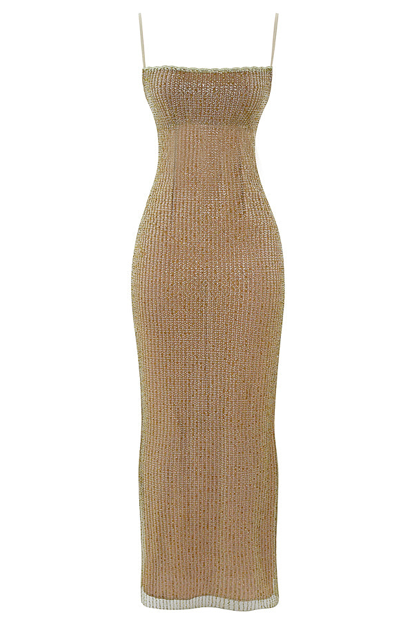 Hire HOUSE OF CB Alondra Cafe Au Lait Beaded Maxi Dress in Limited Edition