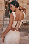Hire HOUSE OF CB Set Therese Vintage Cream Lace Maxi Skirt and Una Corset Top in Cream