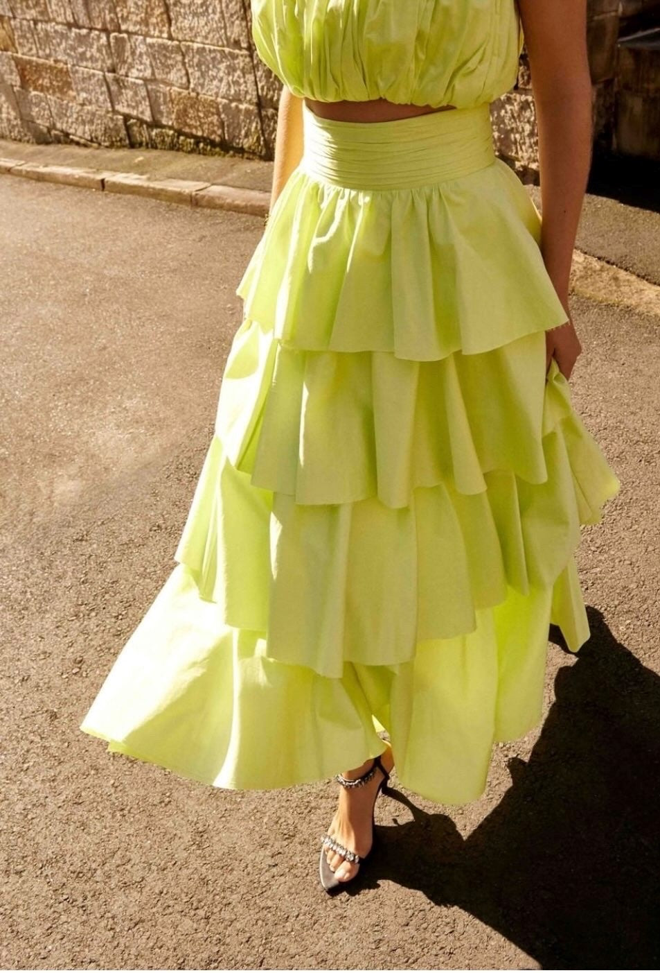 Hire AJE Set Medina Tiered Midi Skirt and Ruched Cropped Top in Light Lemon