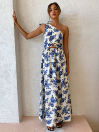 Hire BY NICOLA Dahlia One Shoulder Ring Detail Maxi Dress in Rosie Print