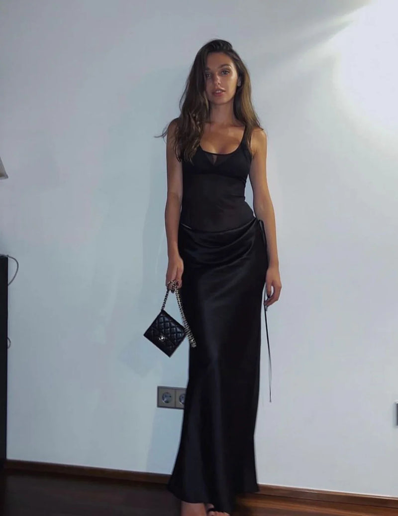 CHRISTOPHER ESBER Sheer Torso Tank Silk Satin Gown in Black