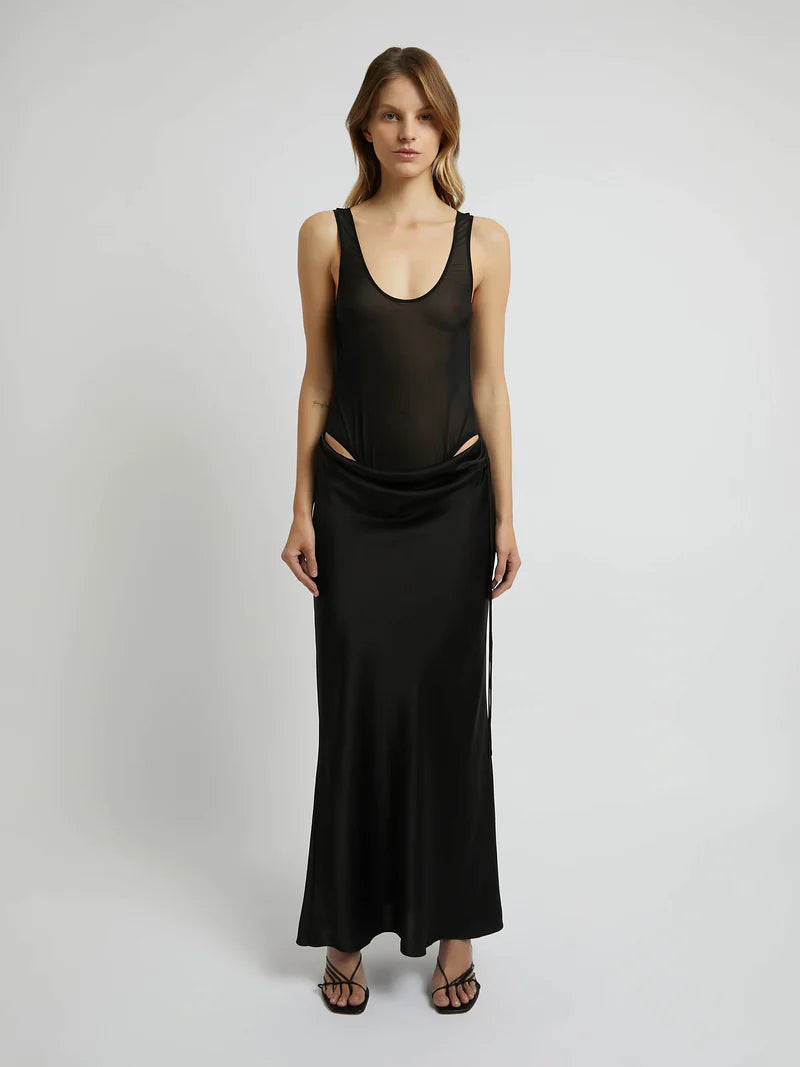 CHRISTOPHER ESBER Sheer Torso Tank Silk Satin Gown in Black