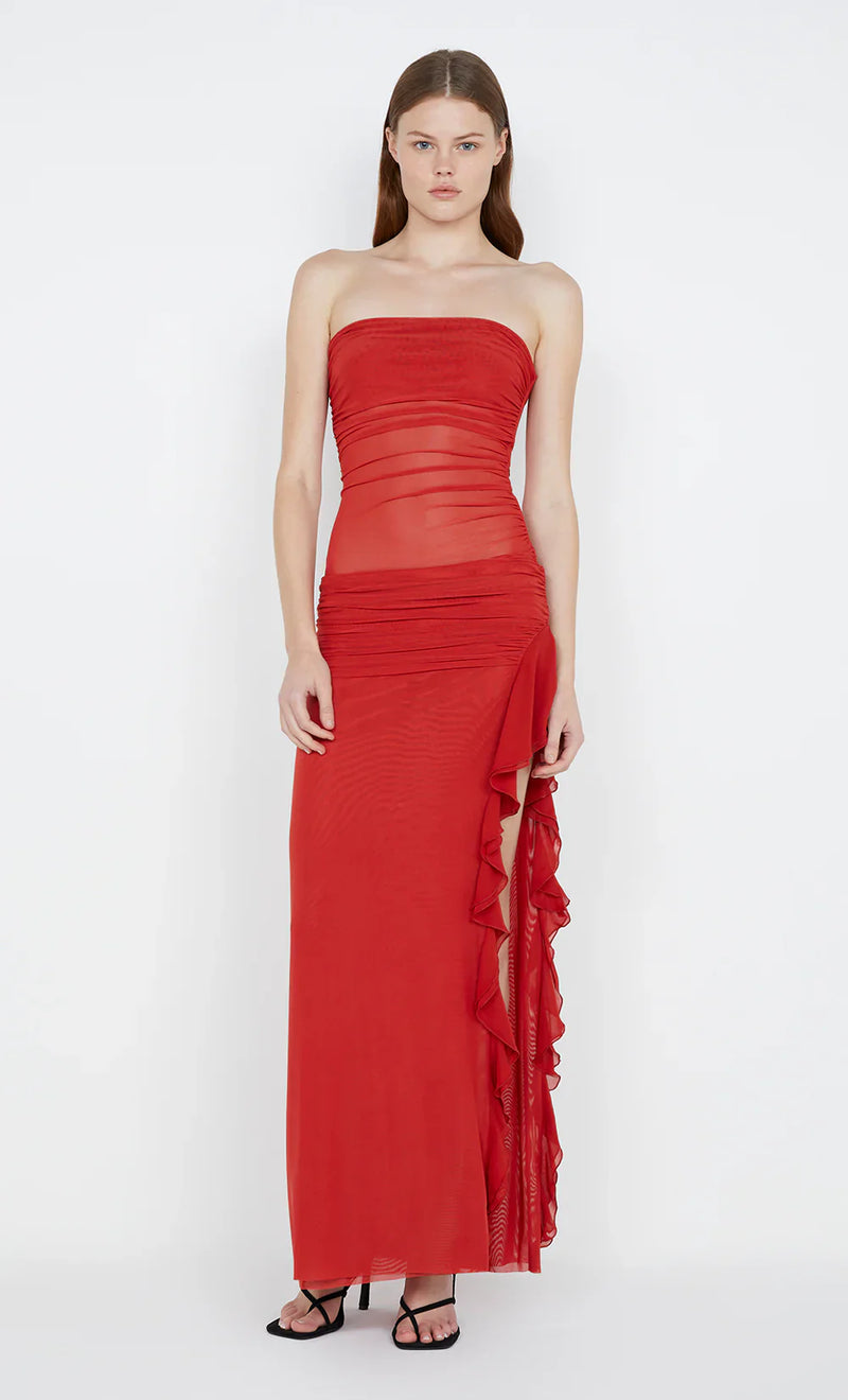 Hire BEC + BRIDGE Celyse Strapless Dress in Rouge Red