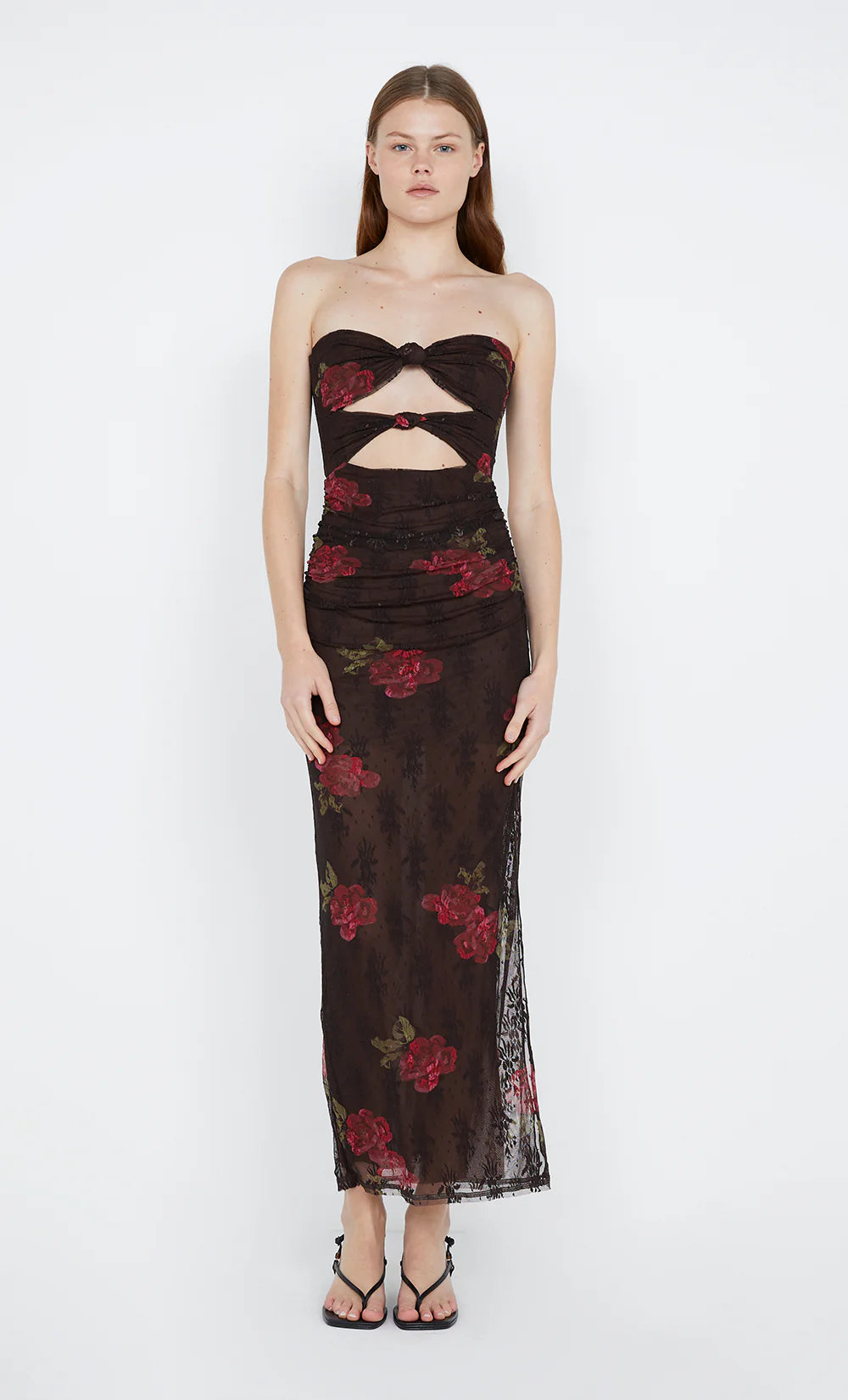 Hire BEC + BRIDGE Halle Desert Rose Strapless Dress In Choc Floral