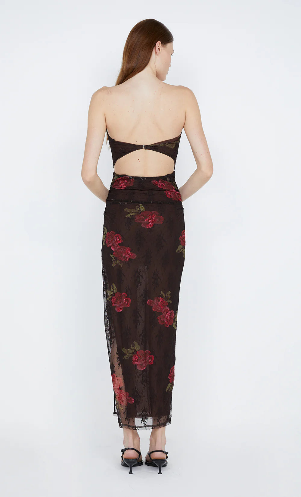 Hire BEC + BRIDGE Halle Desert Rose Strapless Dress In Choc Floral