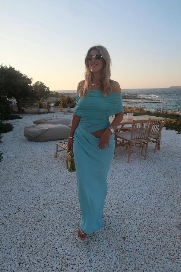 Hire BENNI Nico Off Shoulder Maxi Dress in Aquamarine Baby Blue