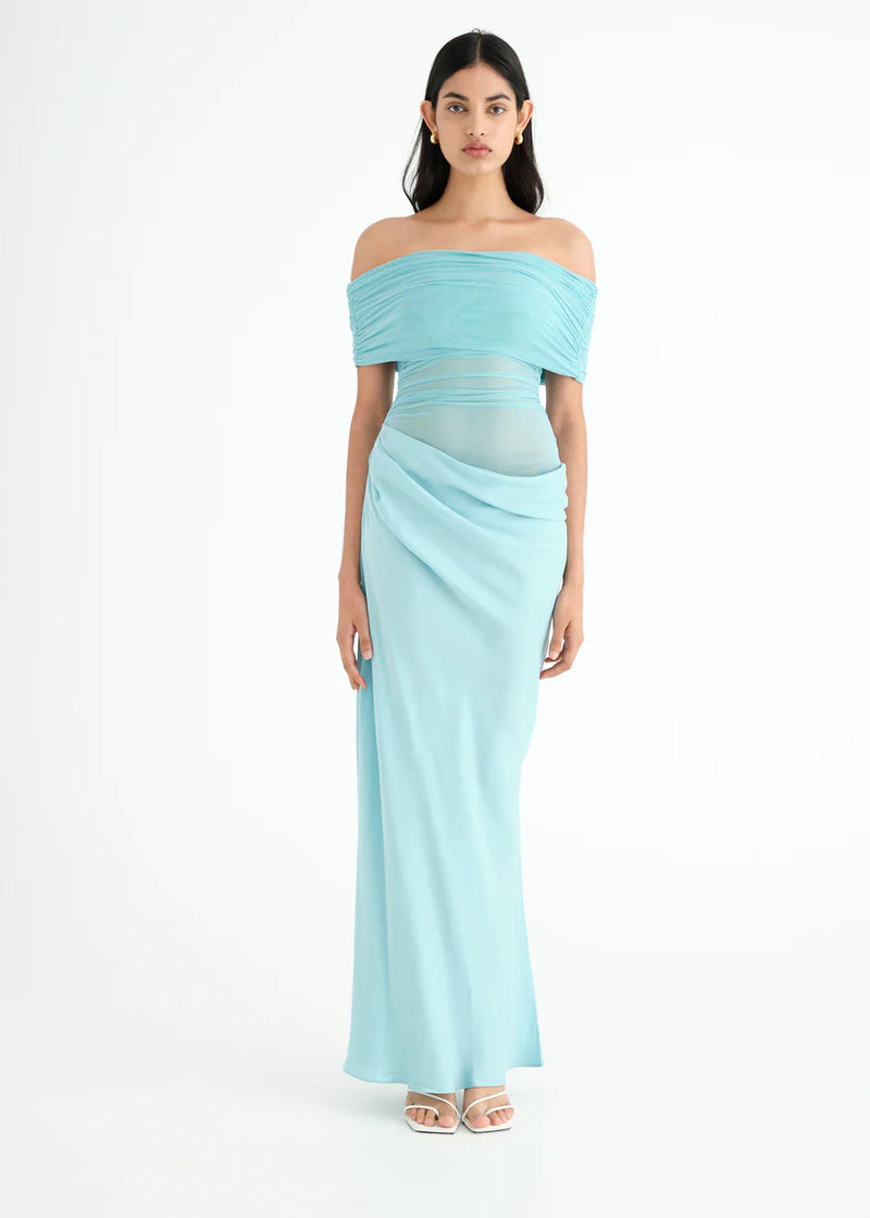 Hire BENNI Nico Off Shoulder Maxi Dress in Aquamarine Baby Blue