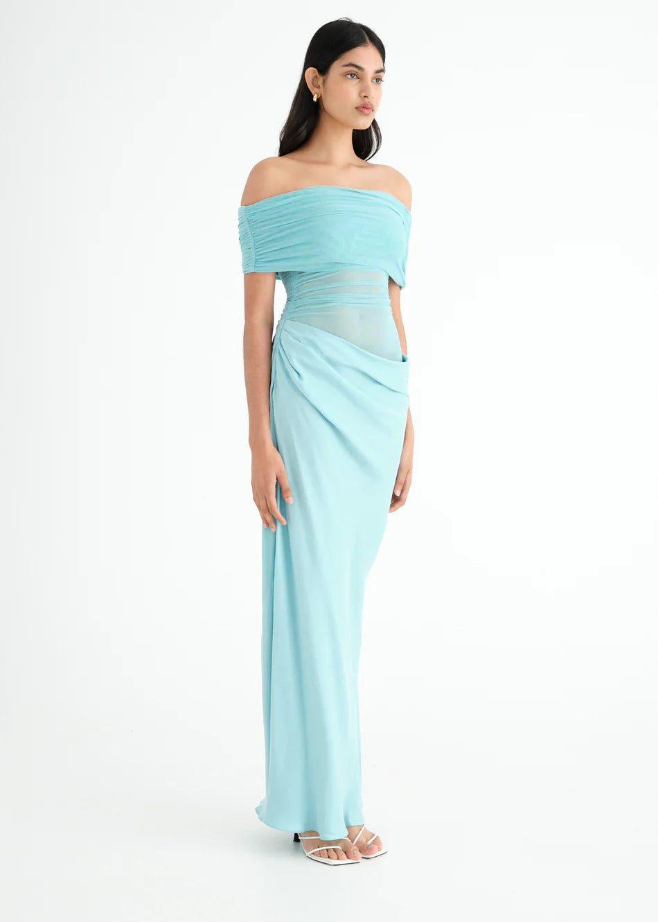 Hire BENNI Nico Off Shoulder Maxi Dress in Aquamarine Baby Blue