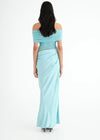 Hire BENNI Nico Off Shoulder Maxi Dress in Aquamarine Baby Blue