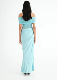 Hire BENNI Nico Off Shoulder Maxi Dress in Aquamarine Baby Blue