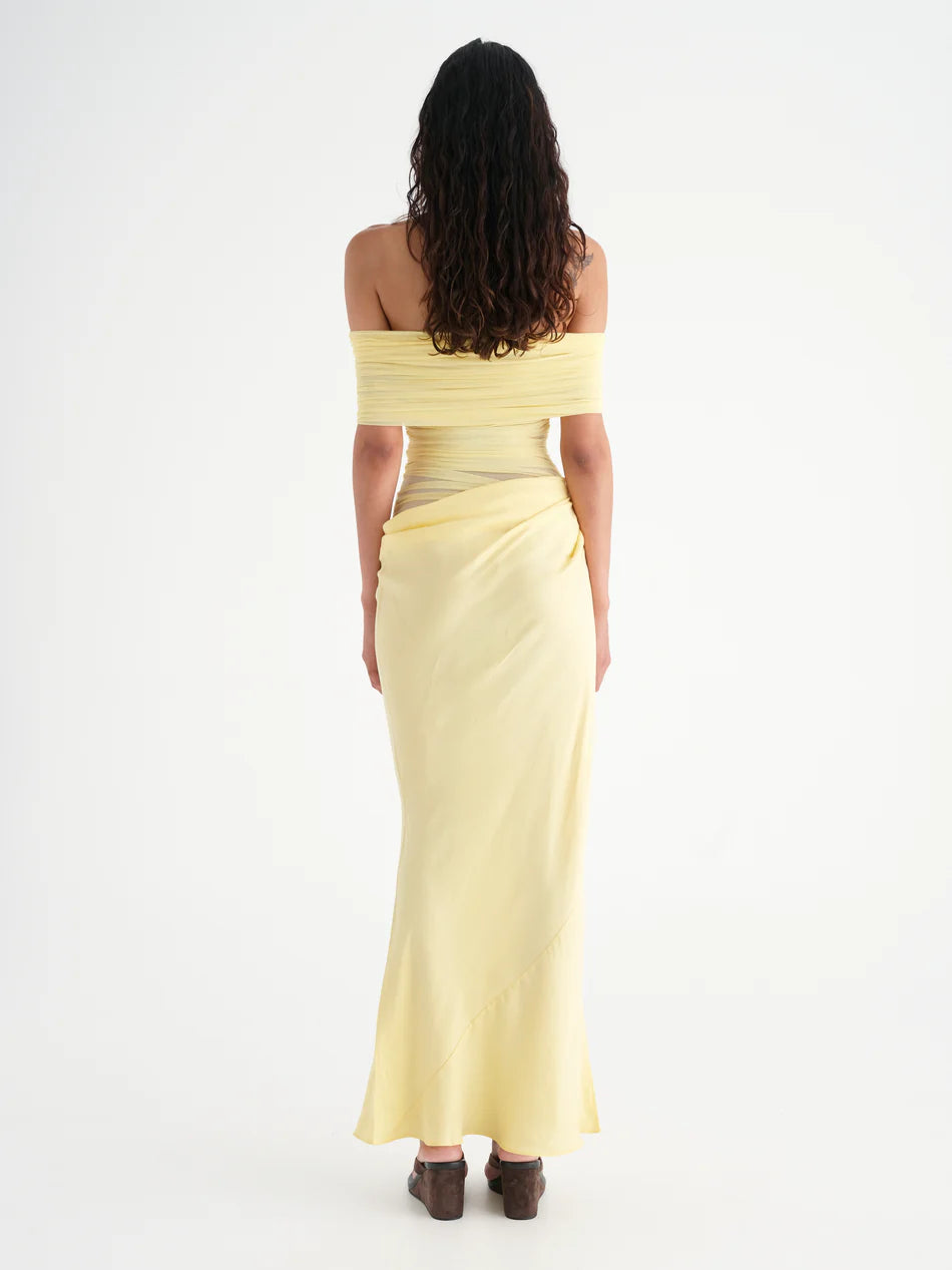 Hire BENNI Nico Off Shoulder Maxi Dress in Butter Yellow