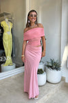 Hire BENNI Nico Off Shoulder Maxi Dress in Candy Floss Pink