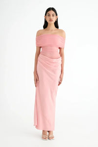 Hire BENNI Nico Off Shoulder Maxi Dress in Candy Floss Pink