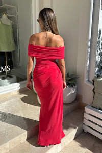 Hire BENNI Nico Off Shoulder Maxi Dress in Watermelon Pink