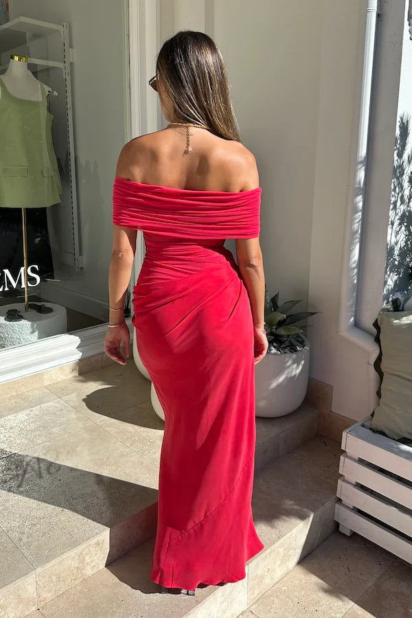 Hire BENNI Nico Off Shoulder Maxi Dress in Watermelon Pink