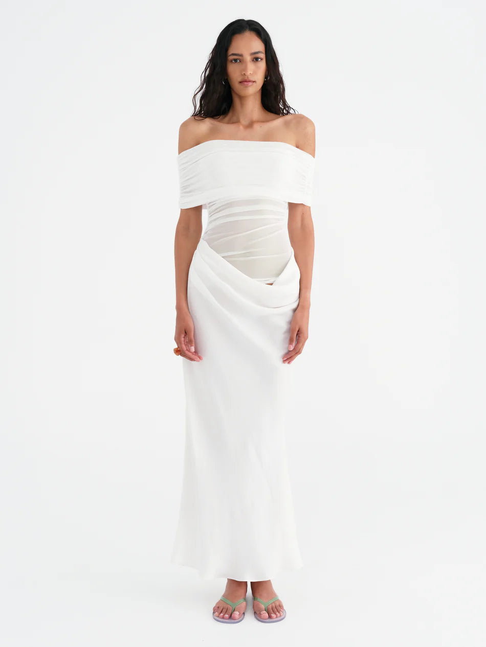 Hire BENNI Nico Off Shoulder Maxi Dress in White