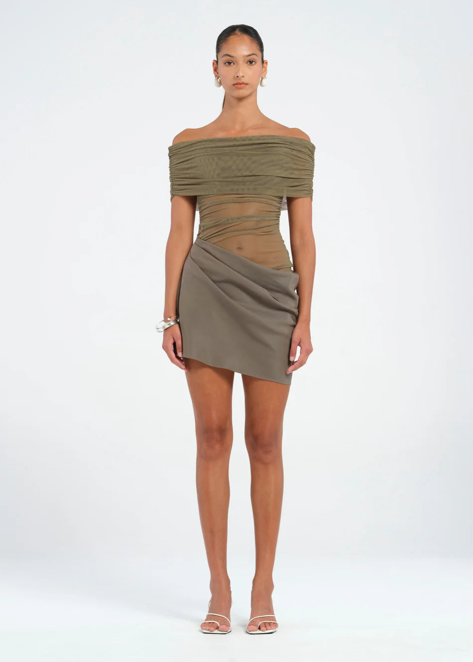 Hire BENNI Nico Offshoulder Mini Dress in Khaki Green