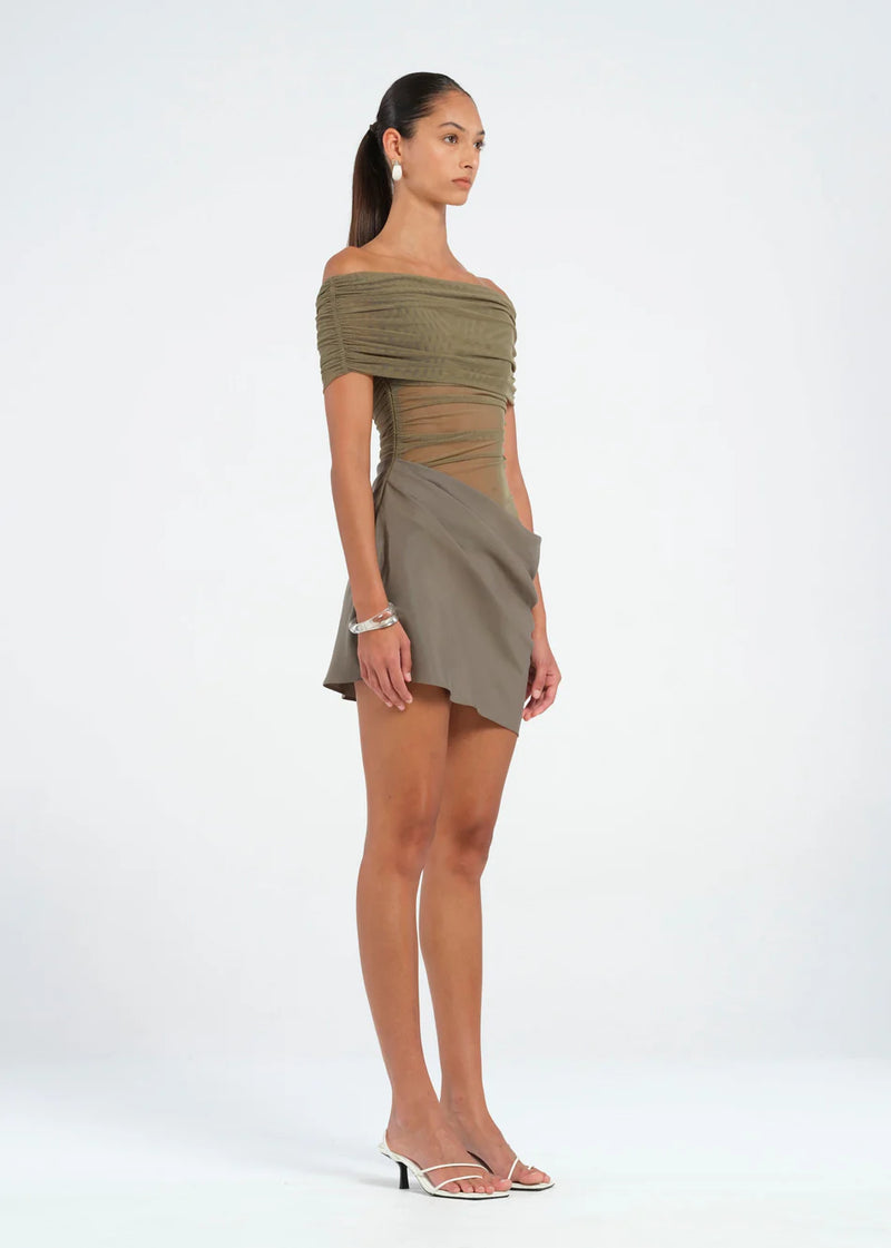 Hire BENNI Nico Offshoulder Mini Dress in Khaki Green