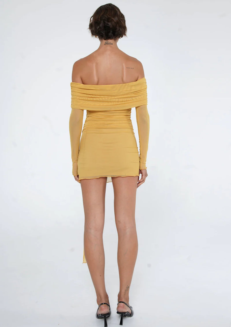 Hire BENNI Yasmin Off Shoulder Mini Dress in Mustard Yellow