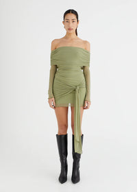 Hire BENNI Yasmin Off Shoulder Mini Dress in Pistachio Green