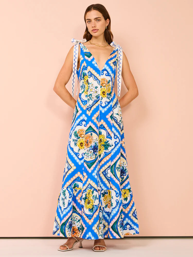 Hire BY NICOLA Adoncia Tie Shoulder Maxi Dress In Azure Floral