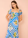 Hire BY NICOLA Mariposa Puff Sleeve Maxi Dress In Azure Floral