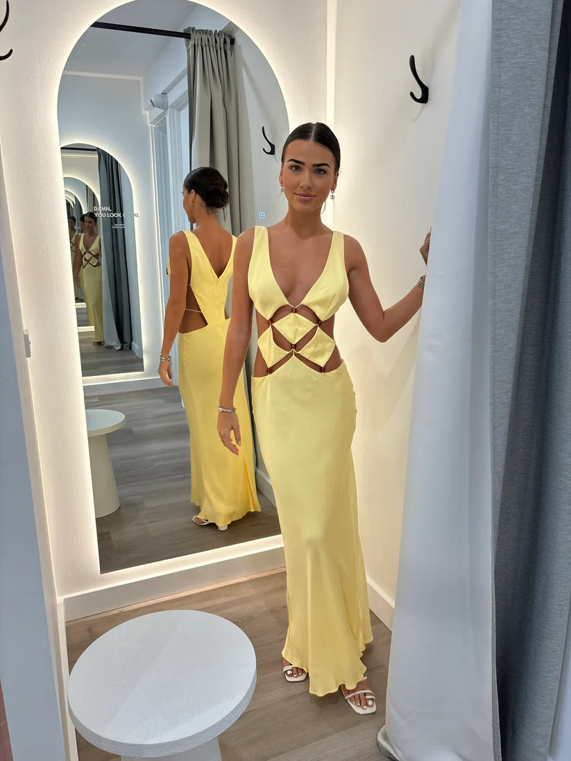 Hire Bec + Bridge Agathe Diamond Dress in Butter Yellow