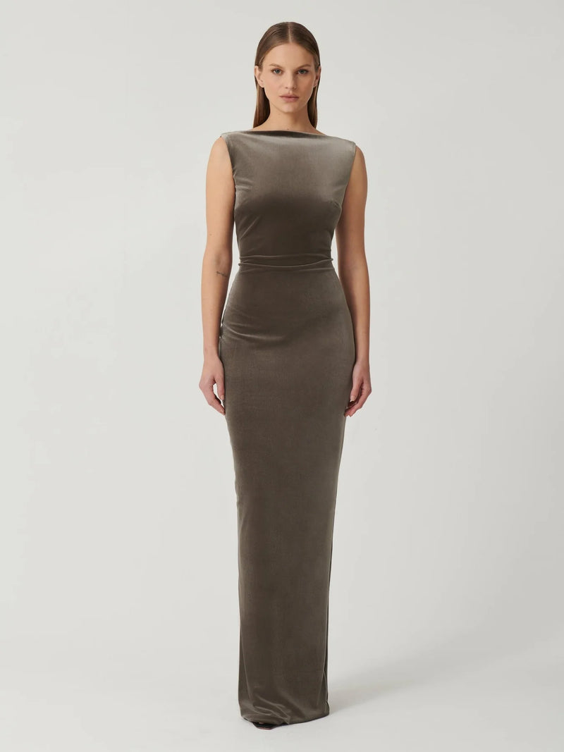 Hire EFFIE KATS Verona Gown in Mink Grey VELVET