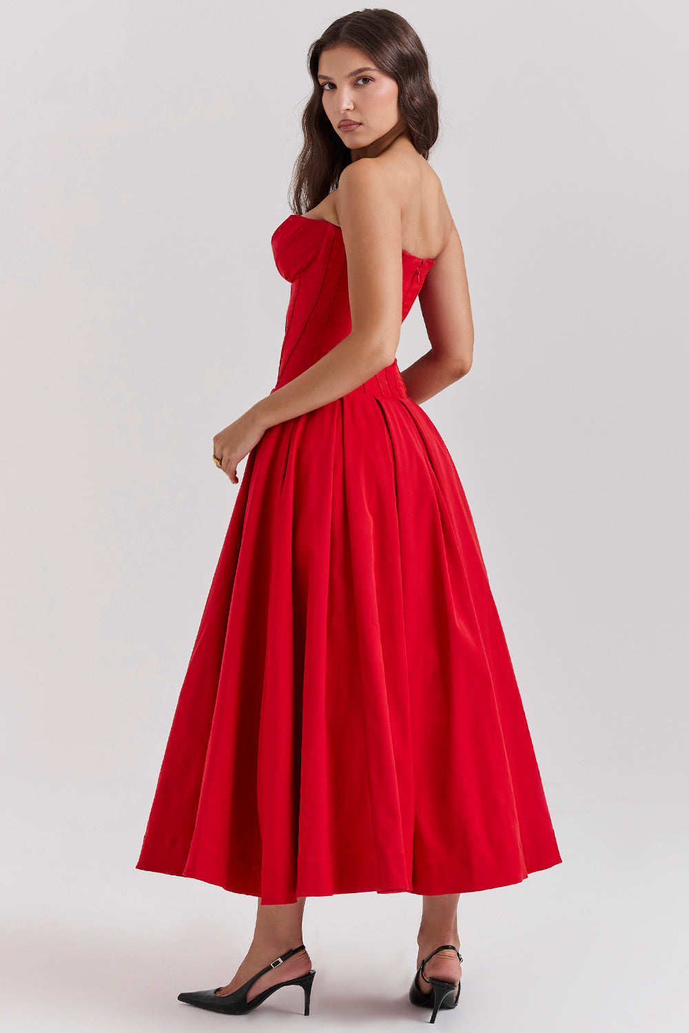 Hire HOUSE OF CB Lady Strapless Midi Dress in Scarlet Red