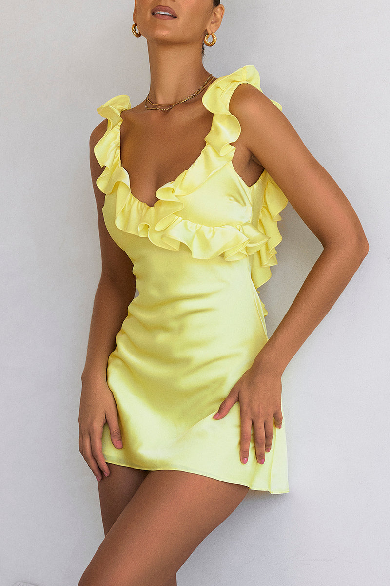 Hire HOUSE OF CB Tink Buttercup Satin Ruffle Mini Dress in Yellow