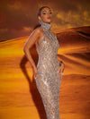 Hire MEW MEWS Liora Sequin Crystal Maxi Dress In Light Nude