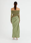 Hire BENNI Yasmin Off Shoulder Maxi Dress in Pistachio Green