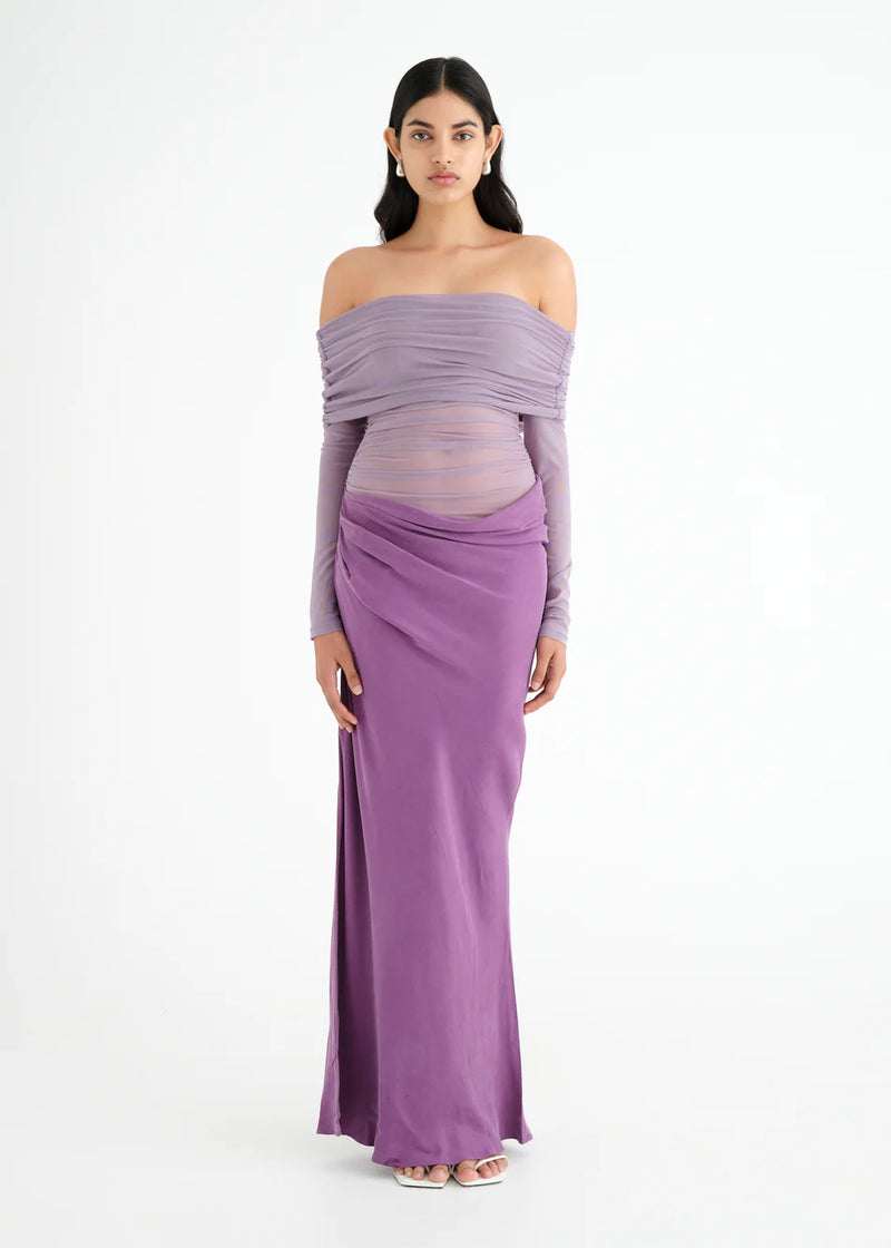 Hire BENNI Yasmin Off Shoulder Maxi Dress in Vintage Orchid Purple