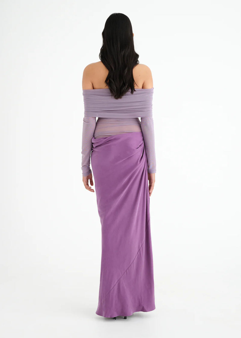 Hire BENNI Yasmin Off Shoulder Maxi Dress in Vintage Orchid Purple