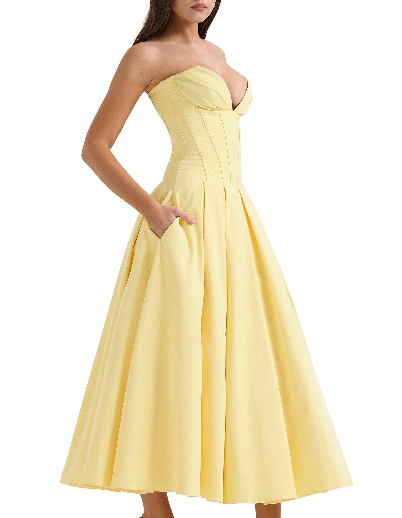 Hire HOUSE OF CB Lady Sunshine Strapless Tulle Midi Dress in Yellow TheOnlyDress Hire