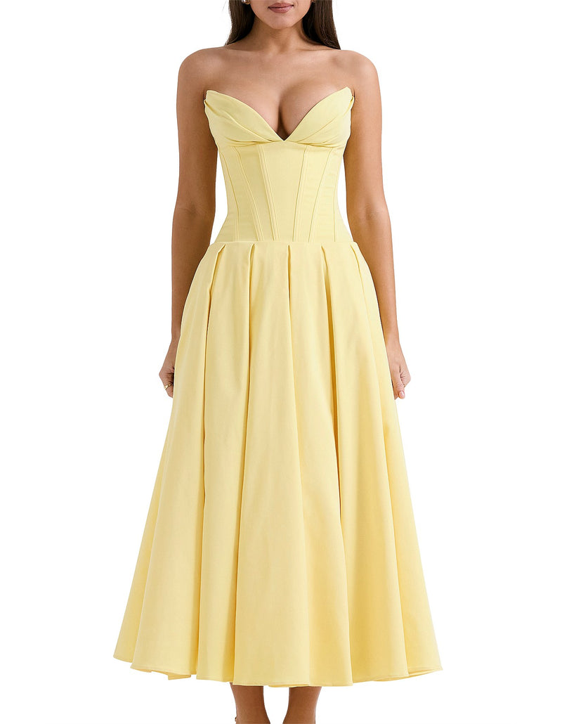 Hire HOUSE OF CB Lady Sunshine Strapless Tulle Midi Dress in Yellow