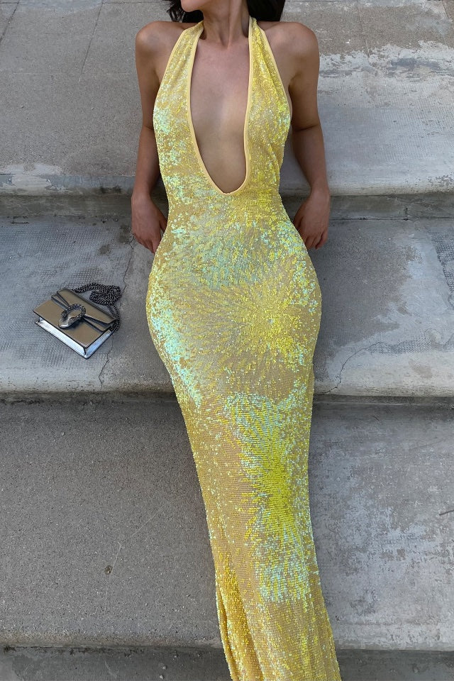 Hire NATALIE ROLT Delilah Gown in Yellow Gold